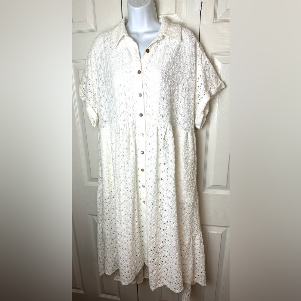 New OLI + HALI Camilla Midi Dress White Eyelet Boho Oversized Cotton Tiered Knit - Picture 3 of 12